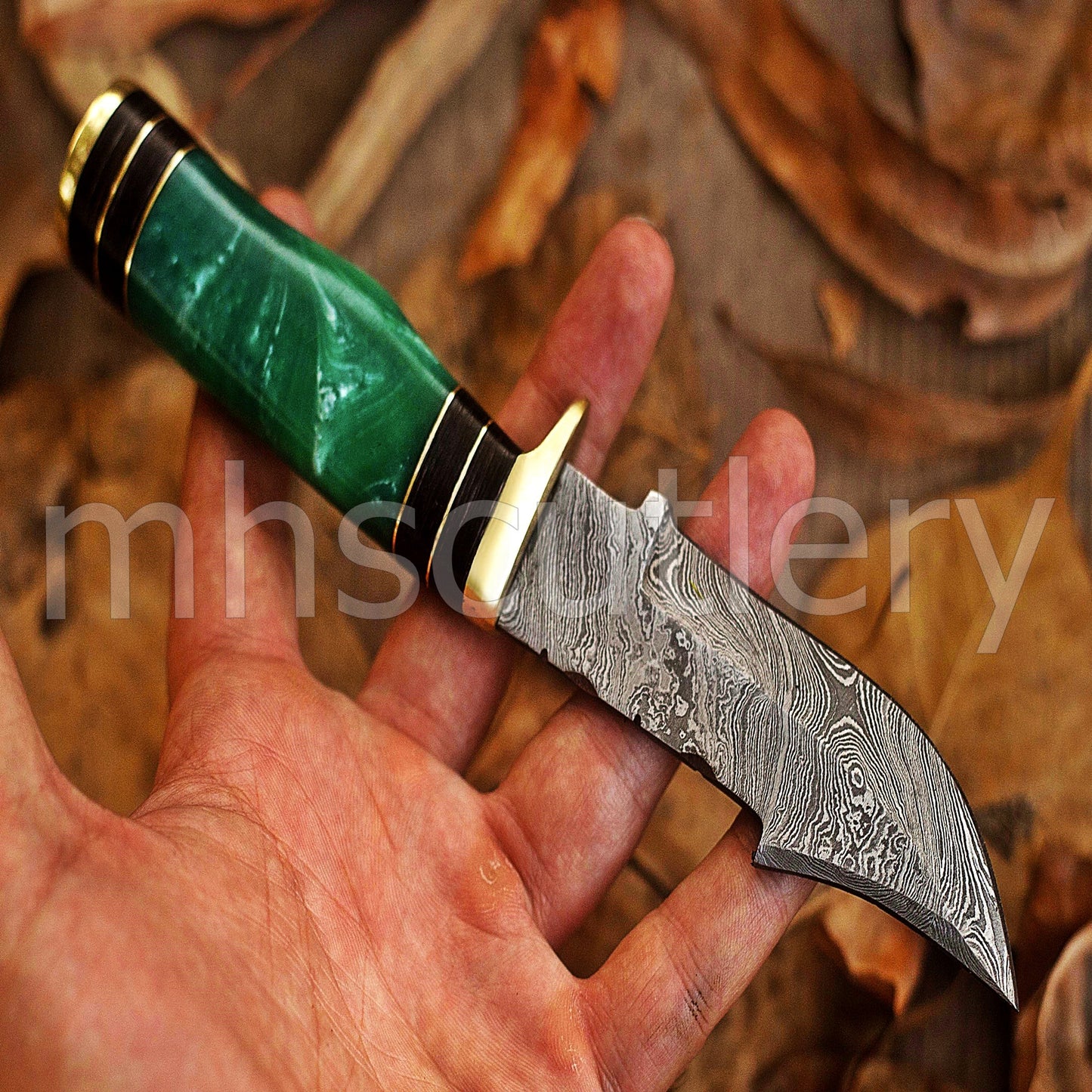 Custom Made Damascus Steel Hunter Skinning Knife With Green Resin Handle