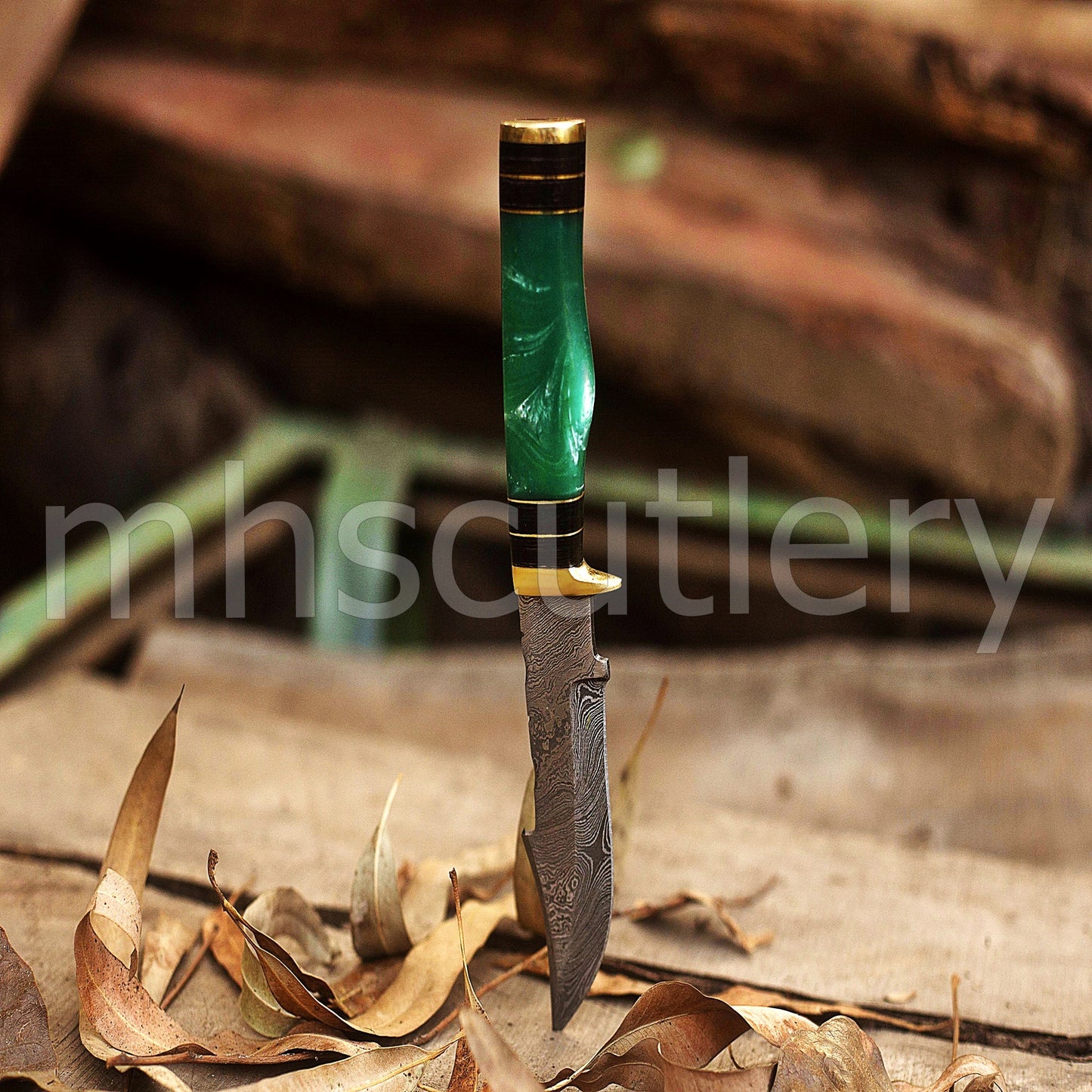 Custom Made Damascus Steel Hunter Skinning Knife With Green Resin Handle