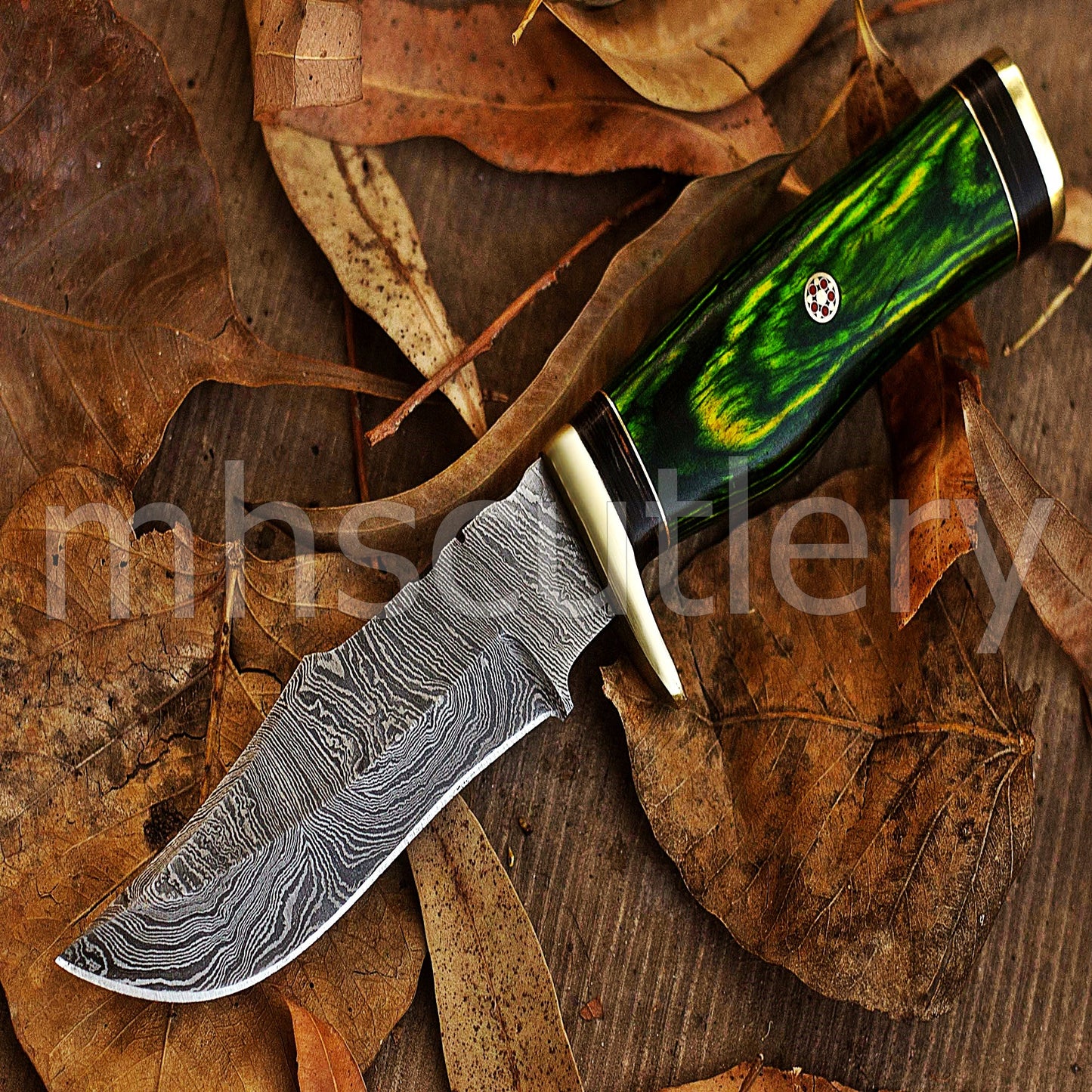 Hand Forged Damascus Steel Skinner Hunting Knife With Green Pakka Wood Handle