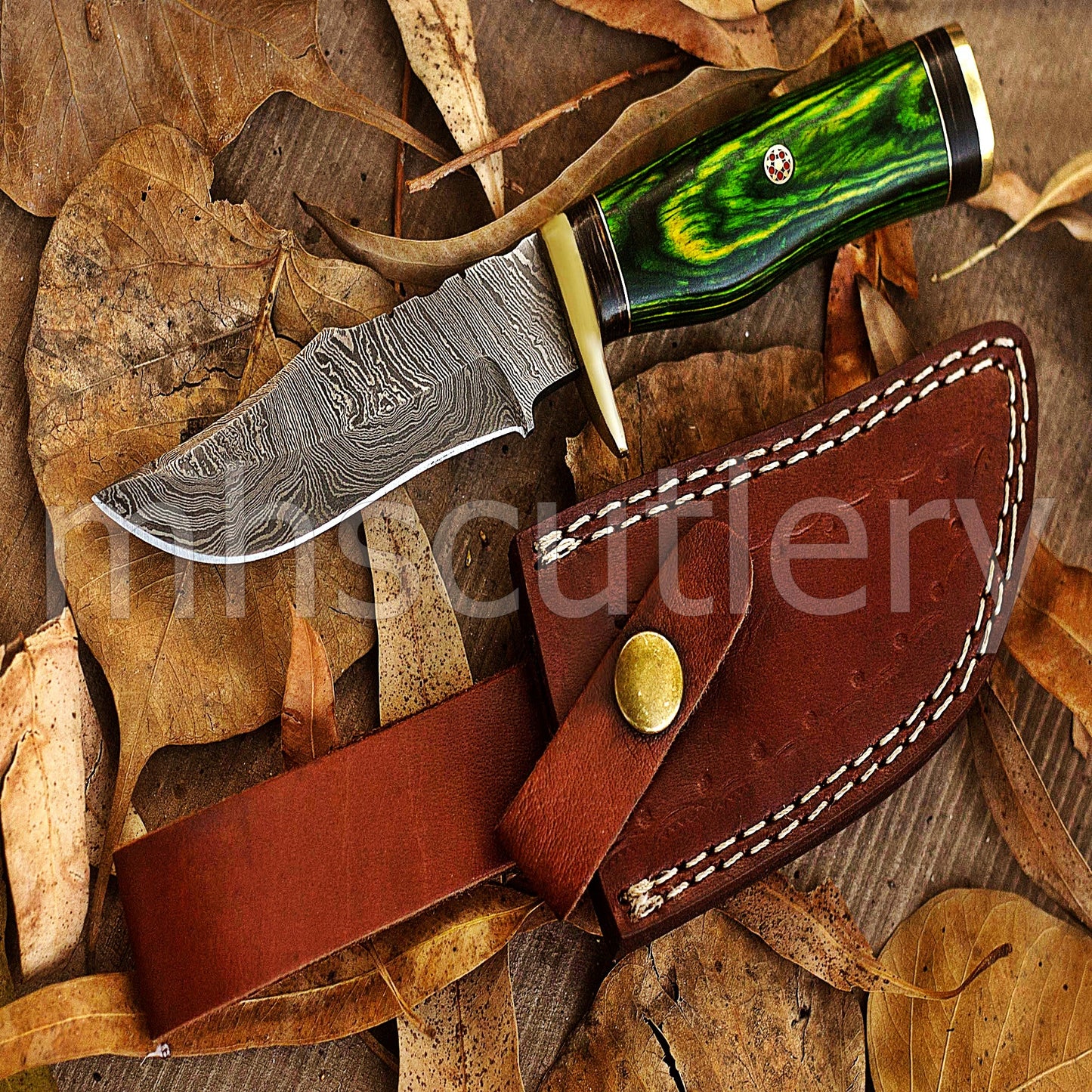 Hand Forged Damascus Steel Skinner Hunting Knife With Green Pakka Wood Handle