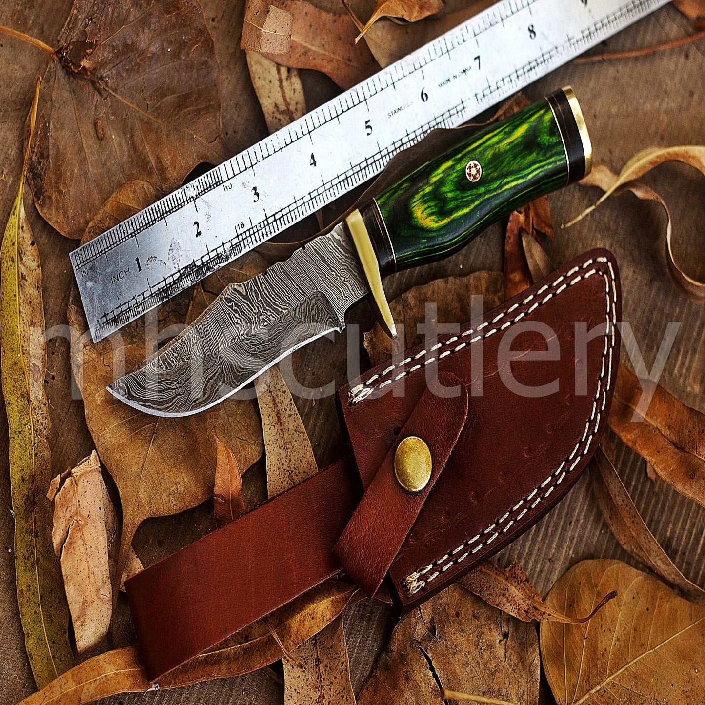 Hand Forged Damascus Steel Skinner Hunting Knife With Green Pakka Wood Handle