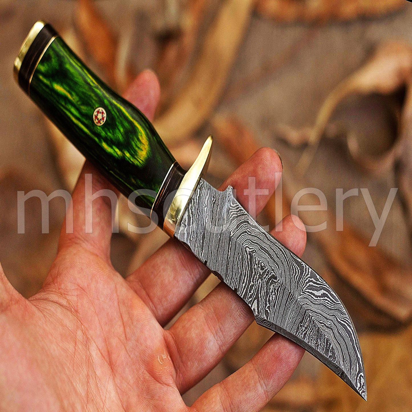 Hand Forged Damascus Steel Skinner Hunting Knife With Green Pakka Wood Handle