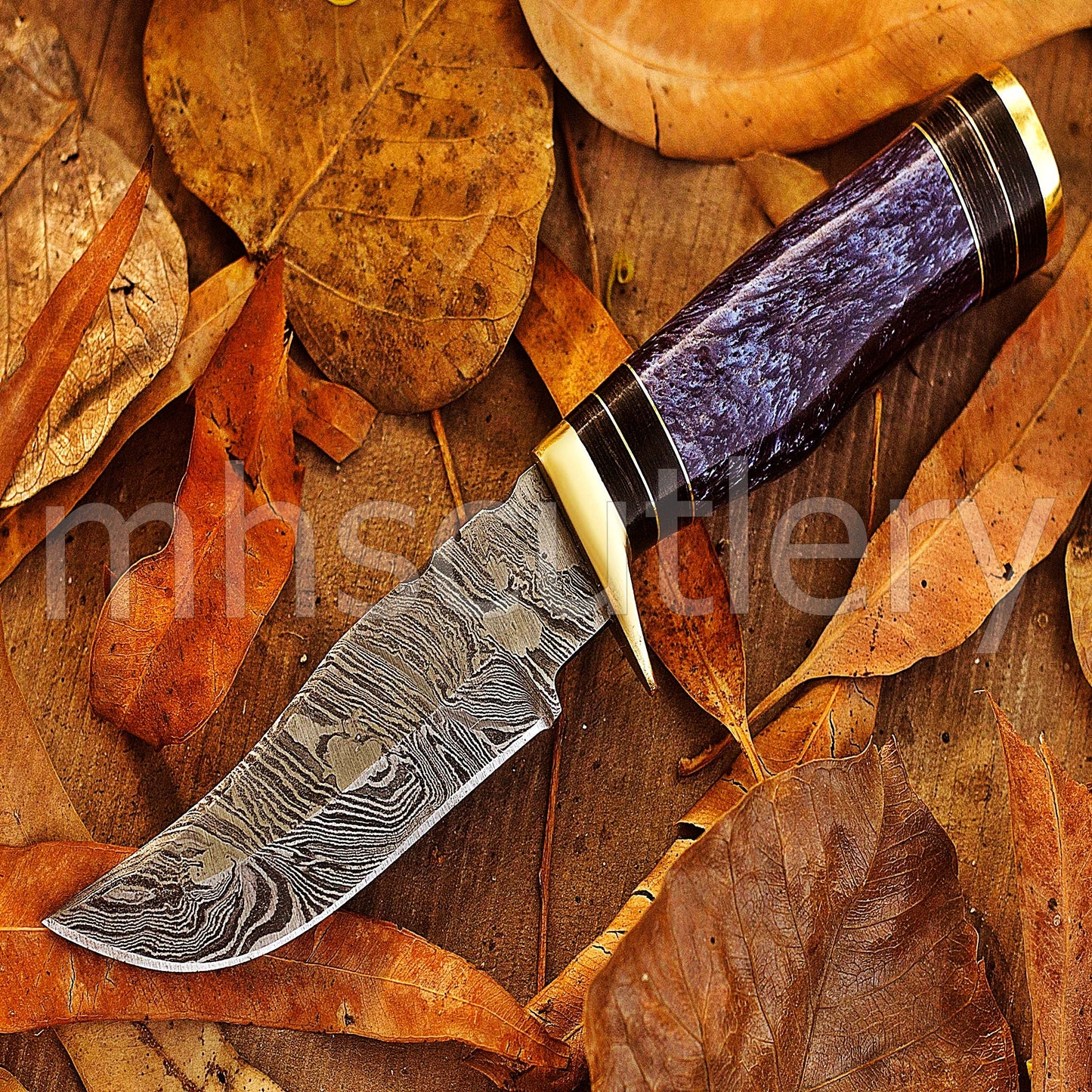 Handmade Skinner Damascus Steel Knife With Purple Resin handle