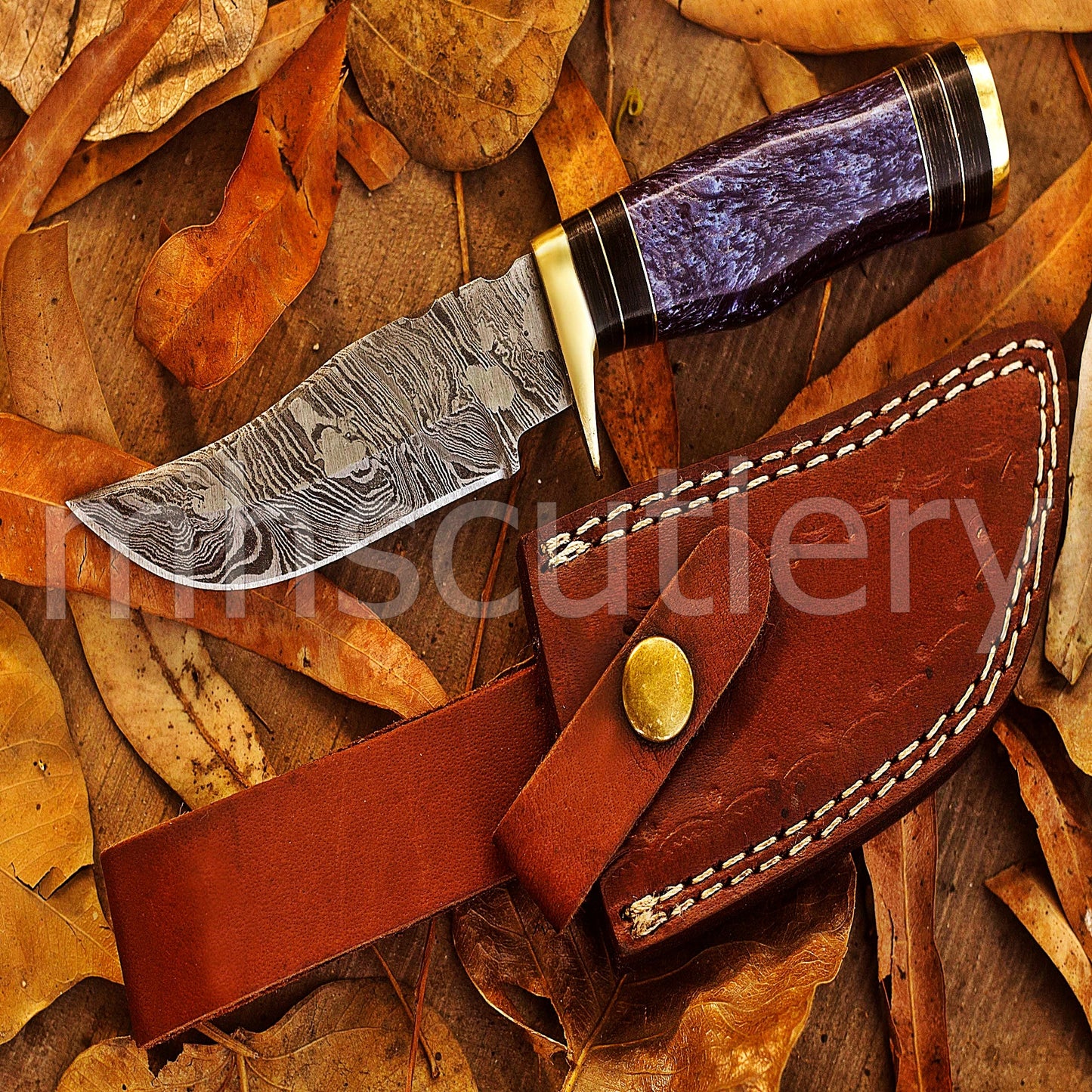 Handmade Skinner Damascus Steel Knife With Purple Resin handle