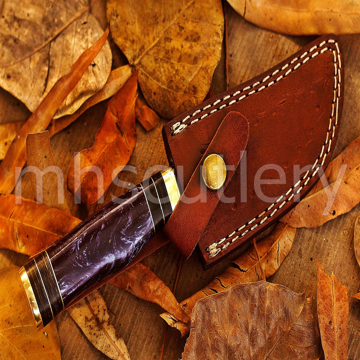 Handmade Skinner Damascus Steel Knife With Purple Resin handle