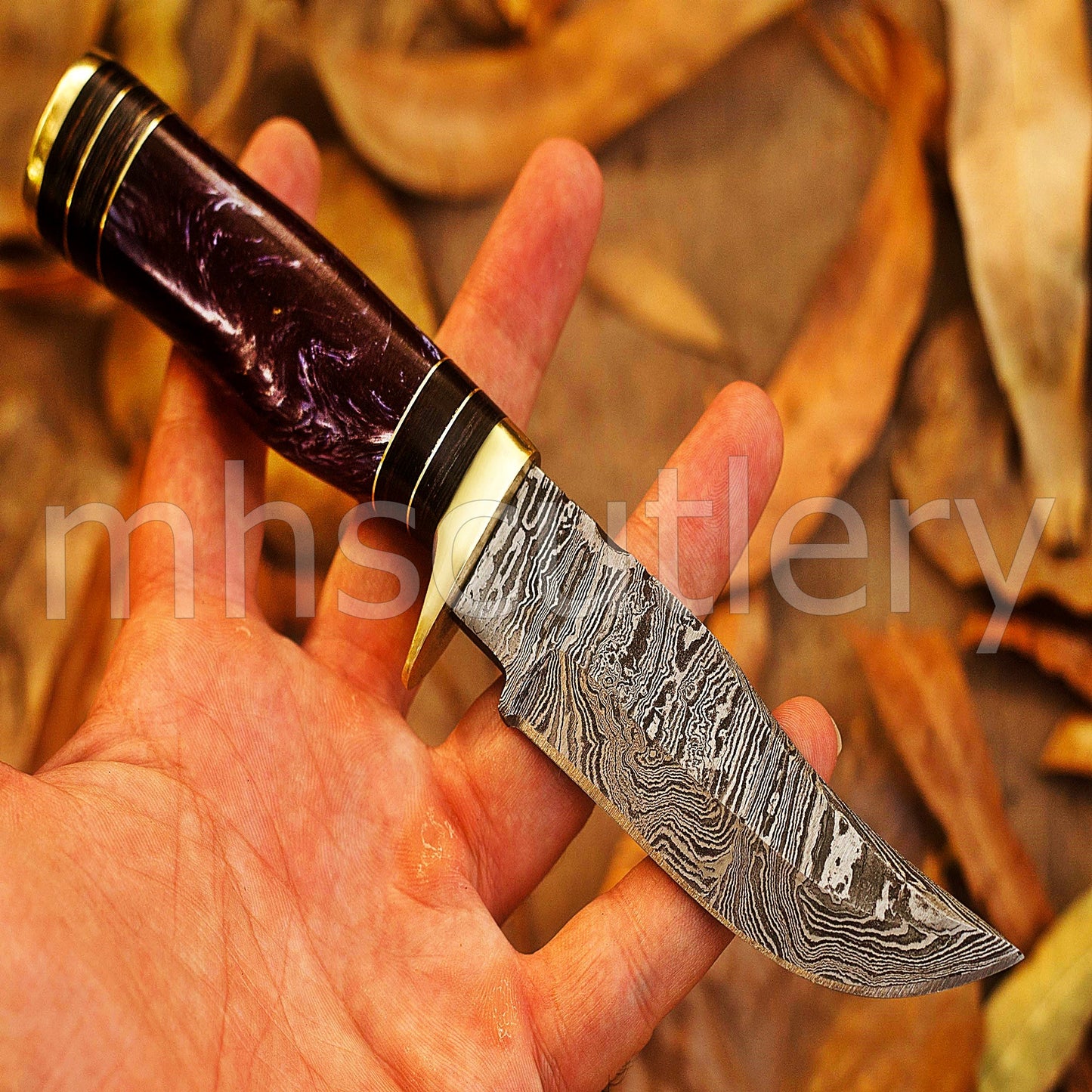 Handmade Skinner Damascus Steel Knife With Purple Resin handle