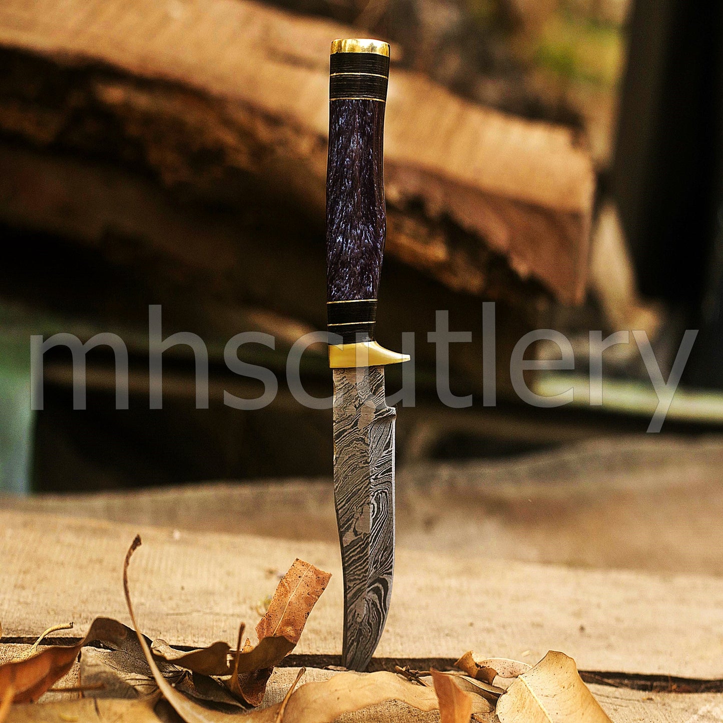 Handmade Skinner Damascus Steel Knife With Purple Resin handle