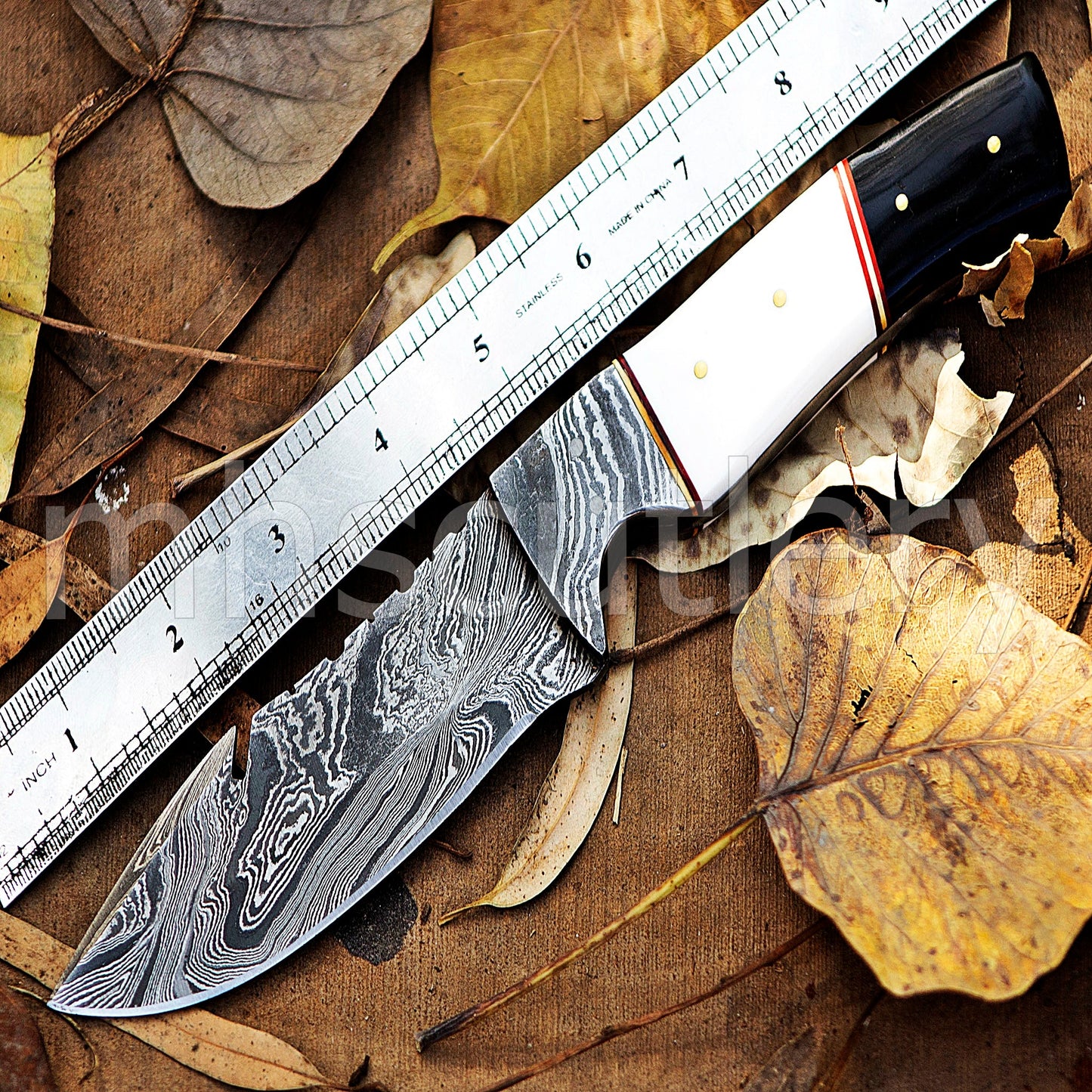 Handmade Damascus Steel Hunting Skinner Gut-Hook Knife With Bone & Bull Horn Handle