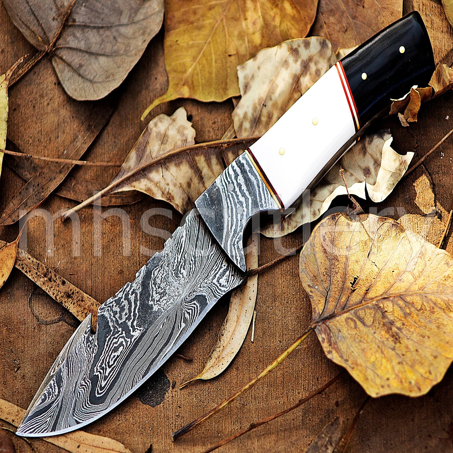 Handmade Damascus Steel Hunting Skinner Gut-Hook Knife With Bone & Bull Horn Handle