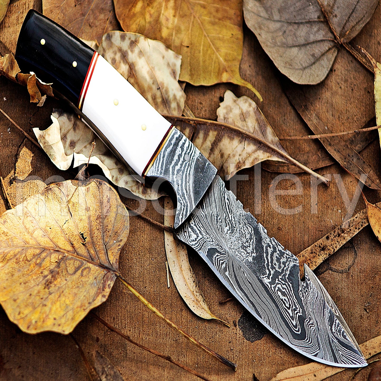 Handmade Damascus Steel Hunting Skinner Gut-Hook Knife With Bone & Bull Horn Handle