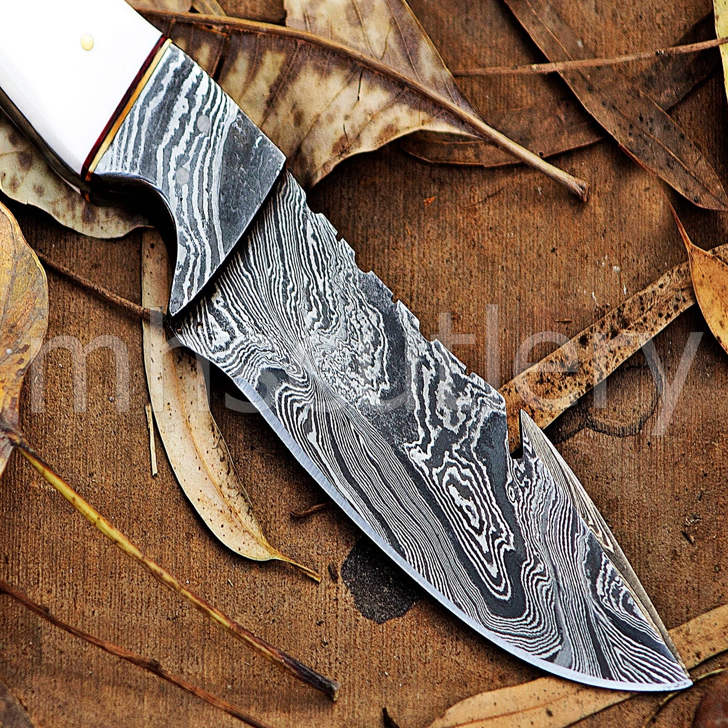 Handmade Damascus Steel Hunting Skinner Gut-Hook Knife With Bone & Bull Horn Handle