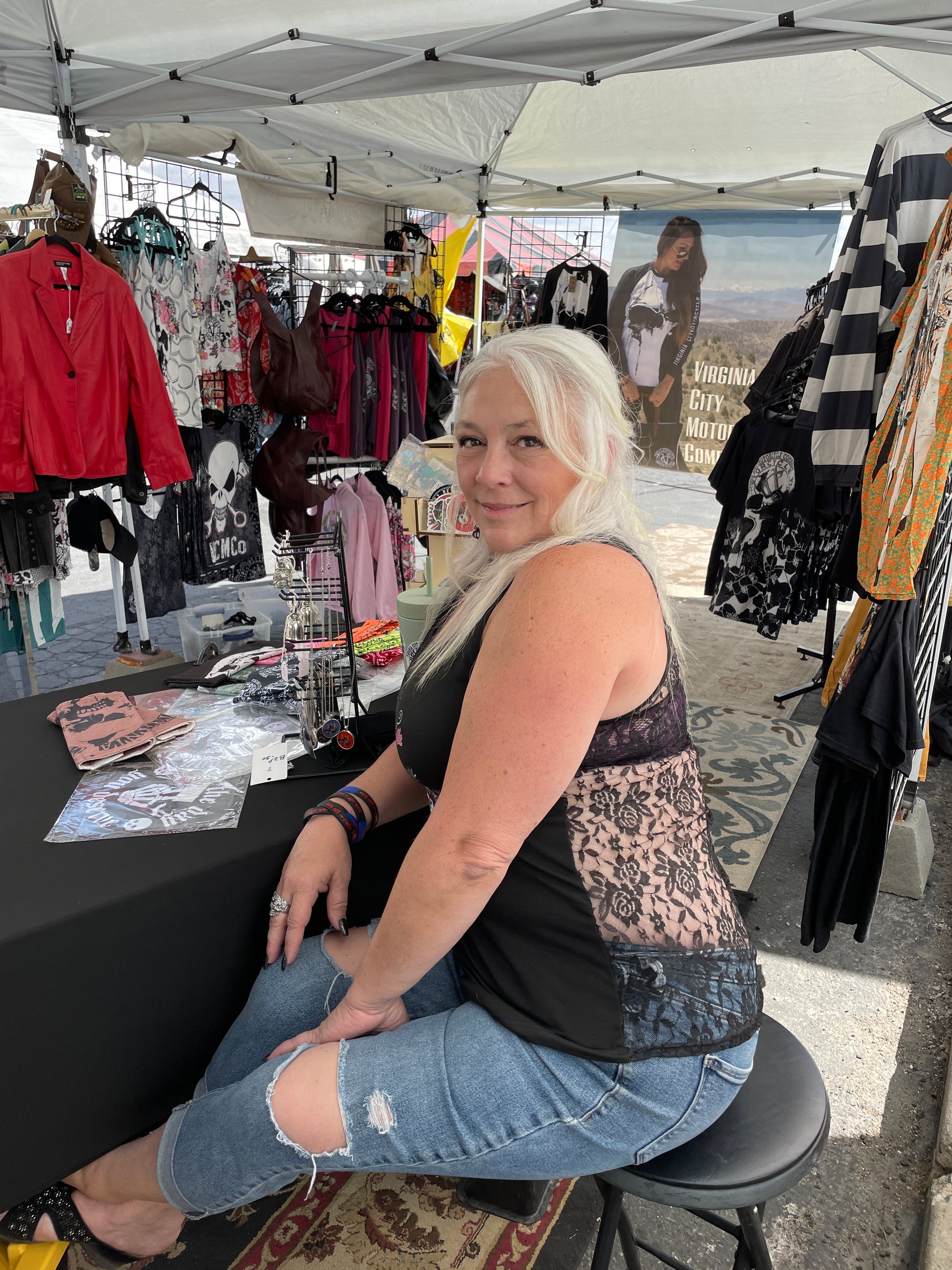 Owner wearing the Black Lace back tank during Street Vibrations 2025