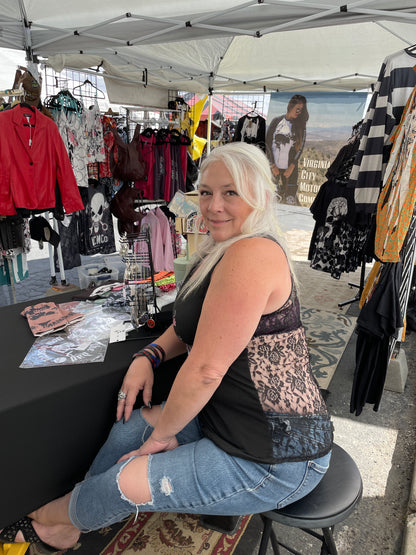 Owner wearing the Black Lace back tank during Street Vibrations 2025