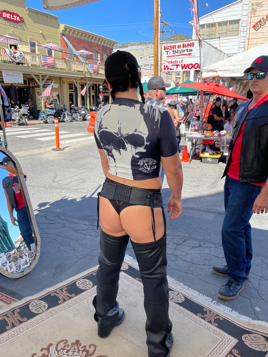 black and white skull crop top double zipper at Street Vibrations Virginia City Nv 2025