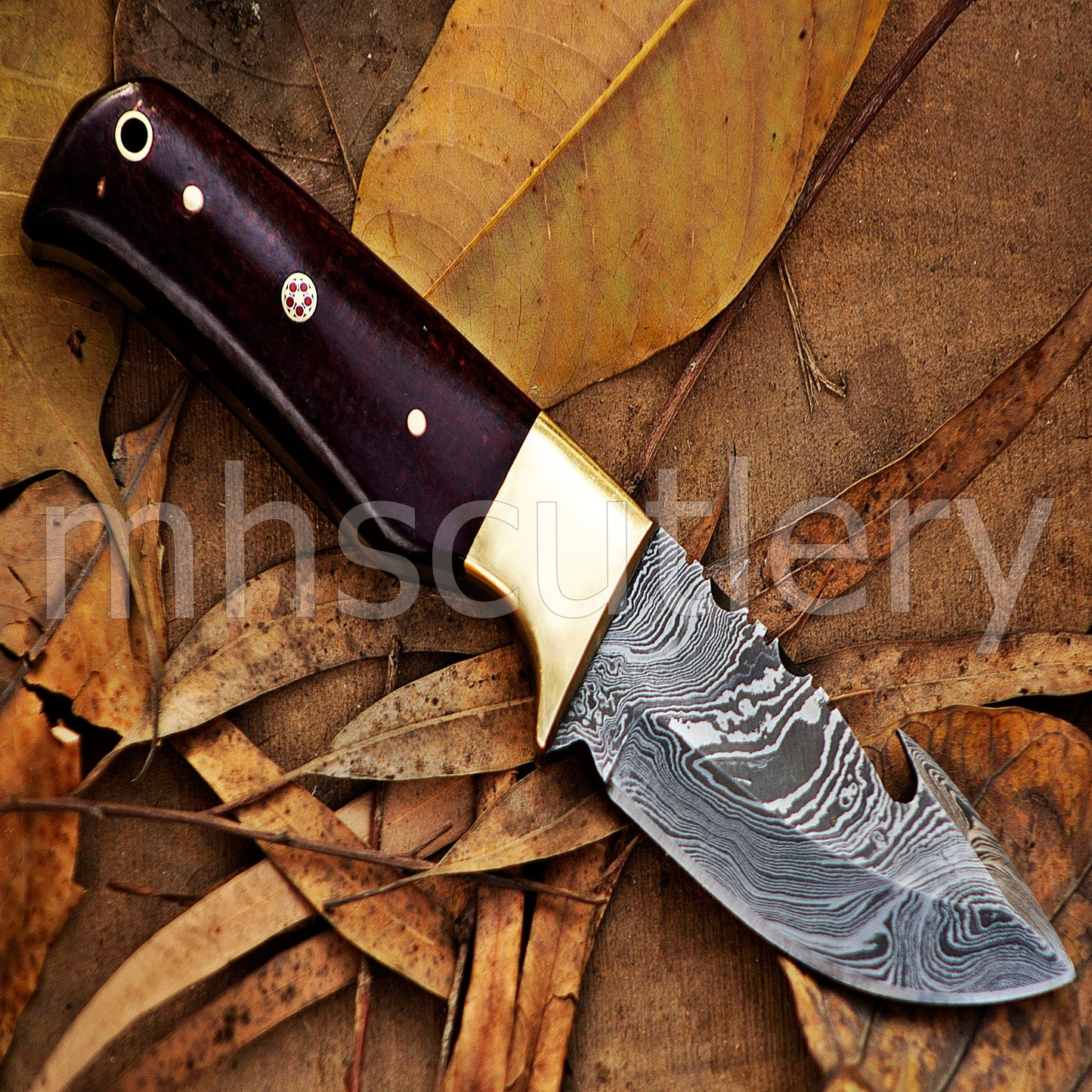 Damascus Steel Gut-Hook Skinning Knife With Micarta Handle