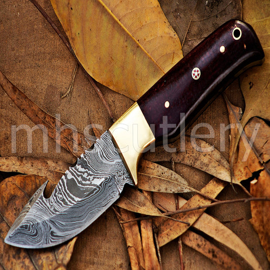 Damascus Steel Gut-Hook Skinning Knife With Micarta Handle