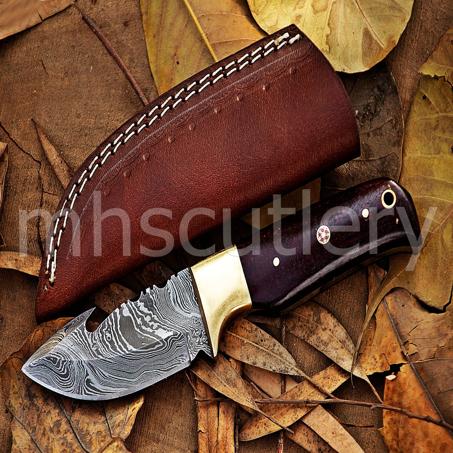 Damascus Steel Gut-Hook Skinning Knife With Micarta Handle