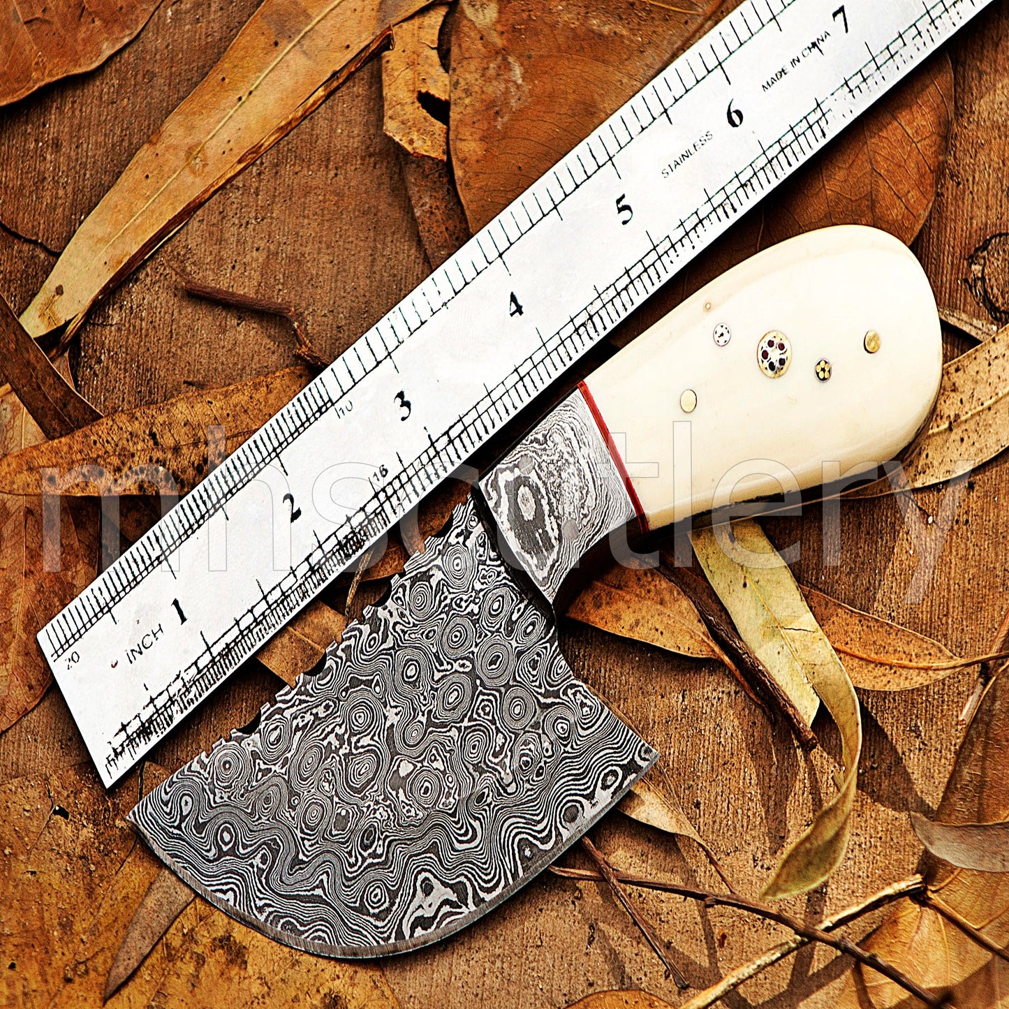 Hand Forged Raindrop Damascus Pizza Cutter Knife / Bone Handle