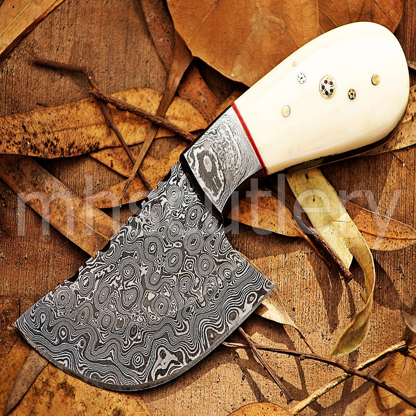 Hand Forged Raindrop Damascus Pizza Cutter Knife / Bone Handle