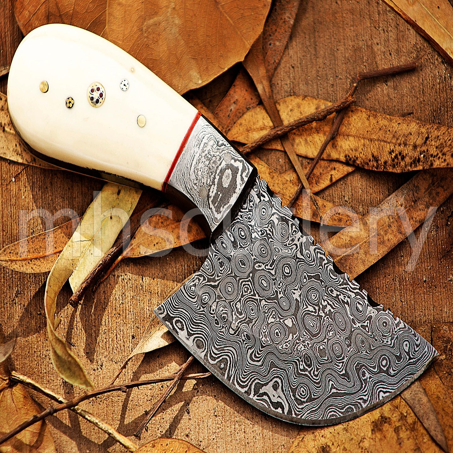 Hand Forged Raindrop Damascus Pizza Cutter Knife / Bone Handle