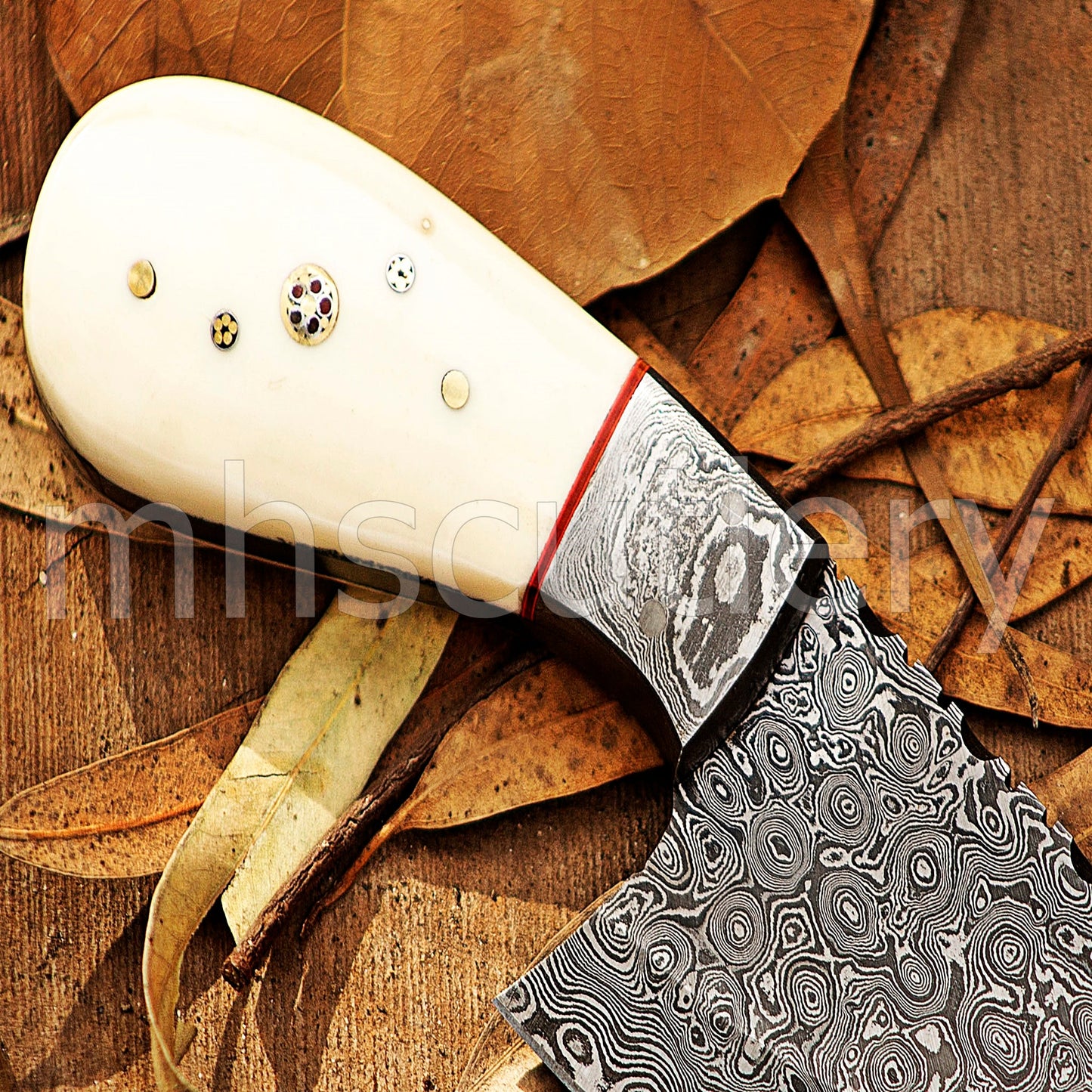 Hand Forged Raindrop Damascus Pizza Cutter Knife / Bone Handle