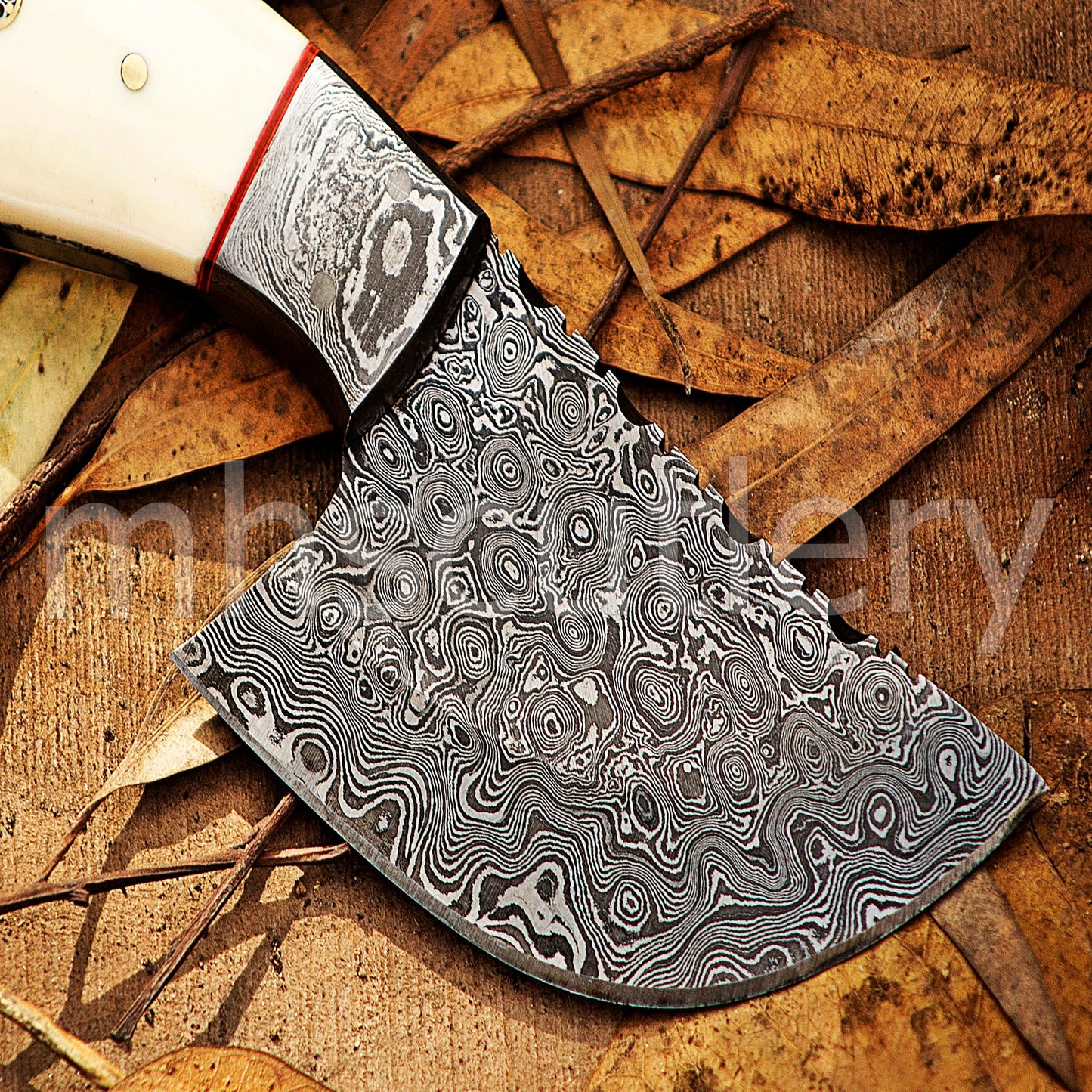 Hand Forged Raindrop Damascus Pizza Cutter Knife / Bone Handle