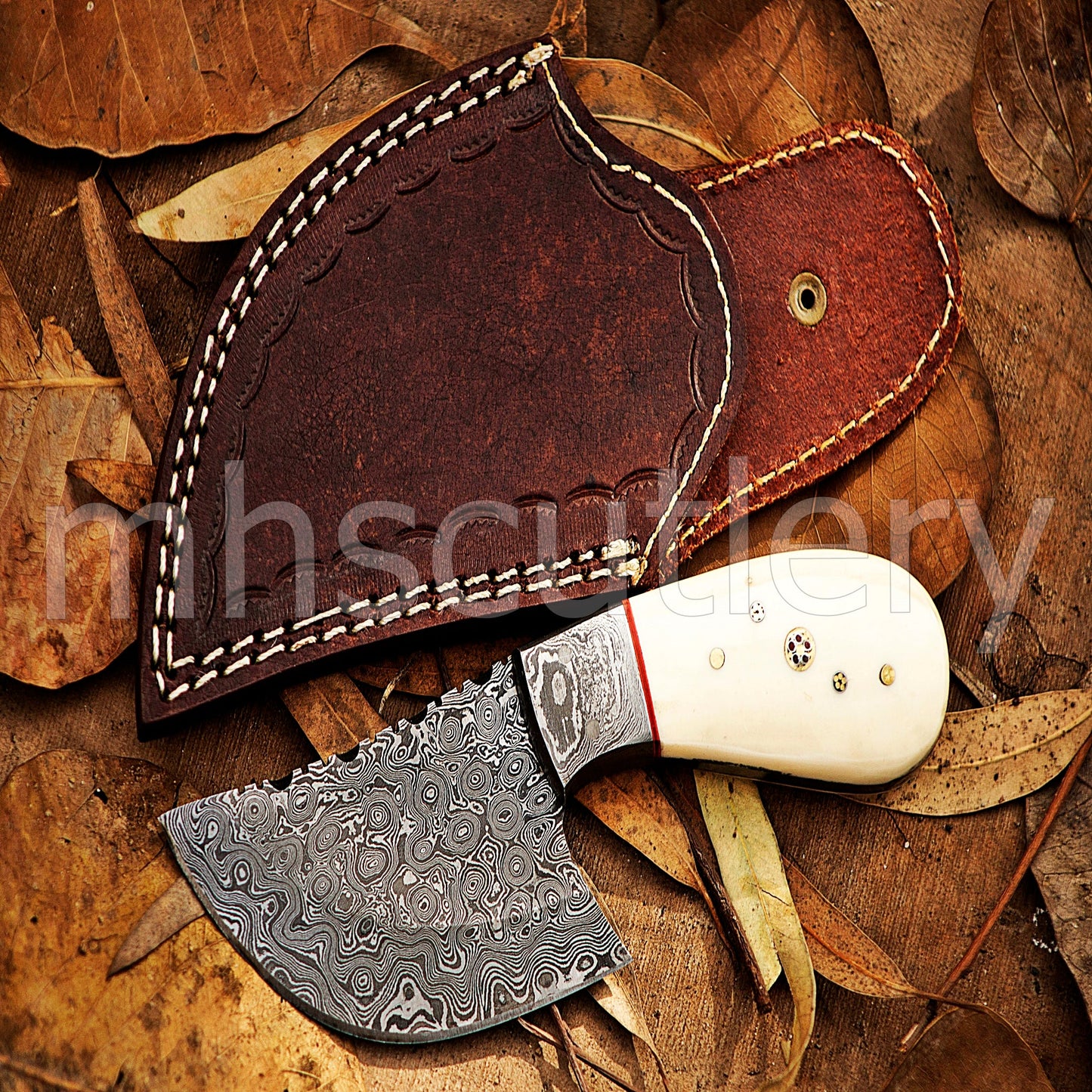 Hand Forged Raindrop Damascus Pizza Cutter Knife / Bone Handle