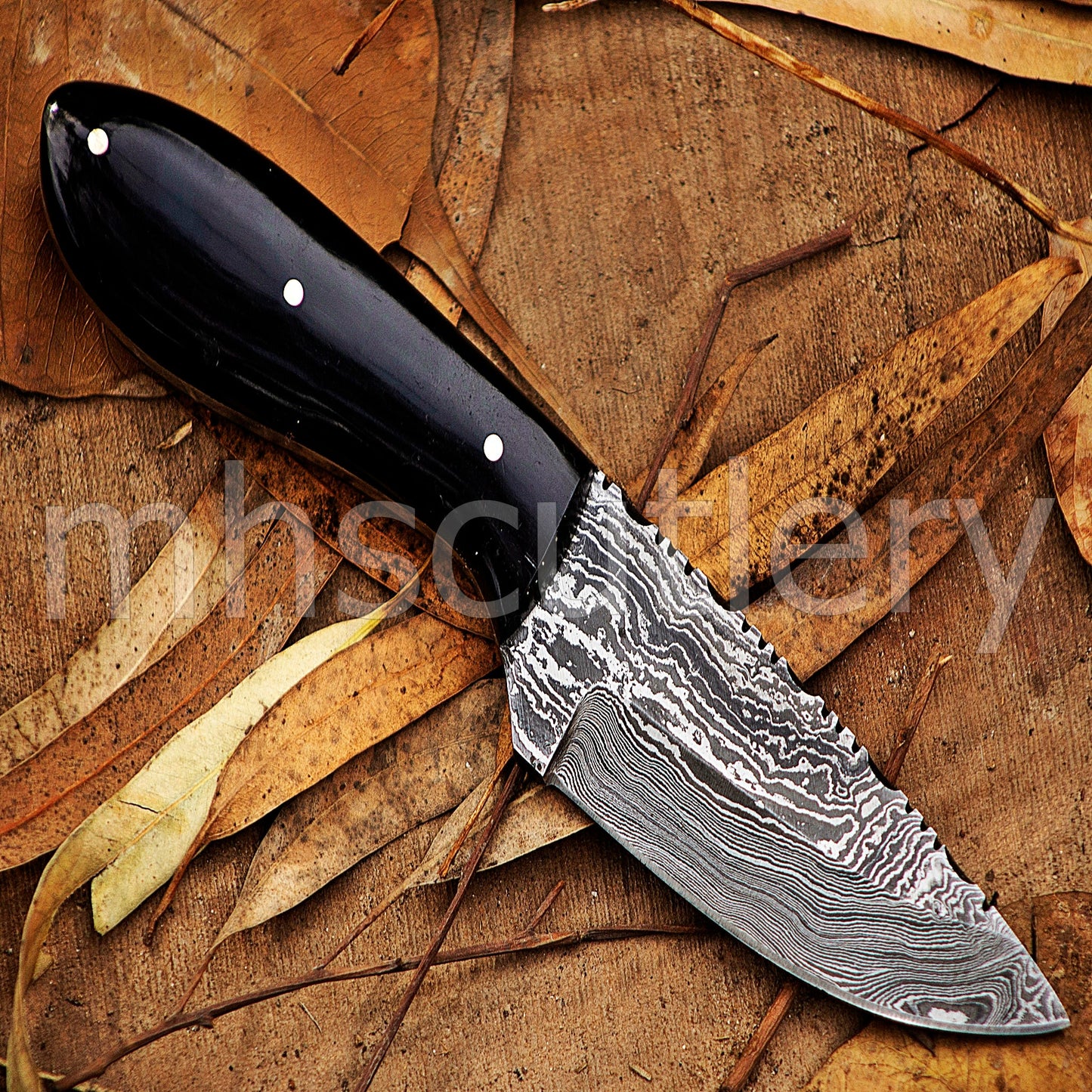 Custom Made Damascus Steel Hunter Skinning Knife With Bull Horn Handle