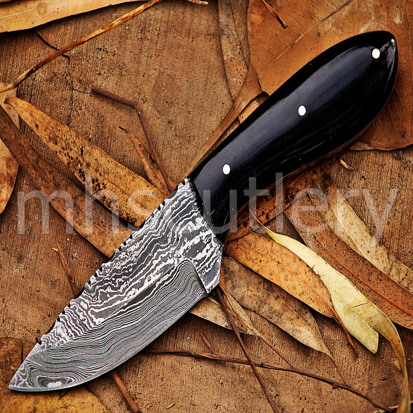 Custom Made Damascus Steel Hunter Skinning Knife With Bull Horn Handle