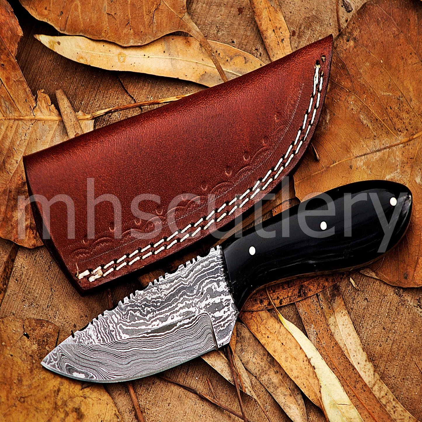 Custom Made Damascus Steel Hunter Skinning Knife With Bull Horn Handle