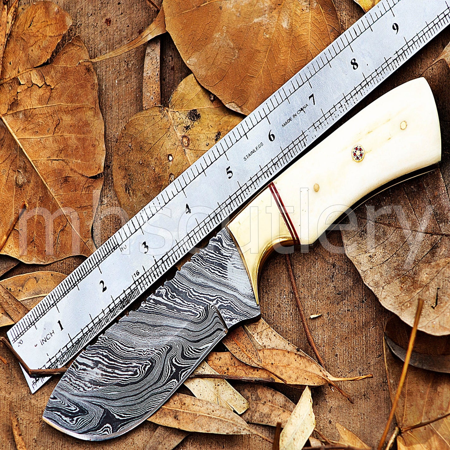 Damascus Steel Fixed Blade Skinning Knife / Bone Handle