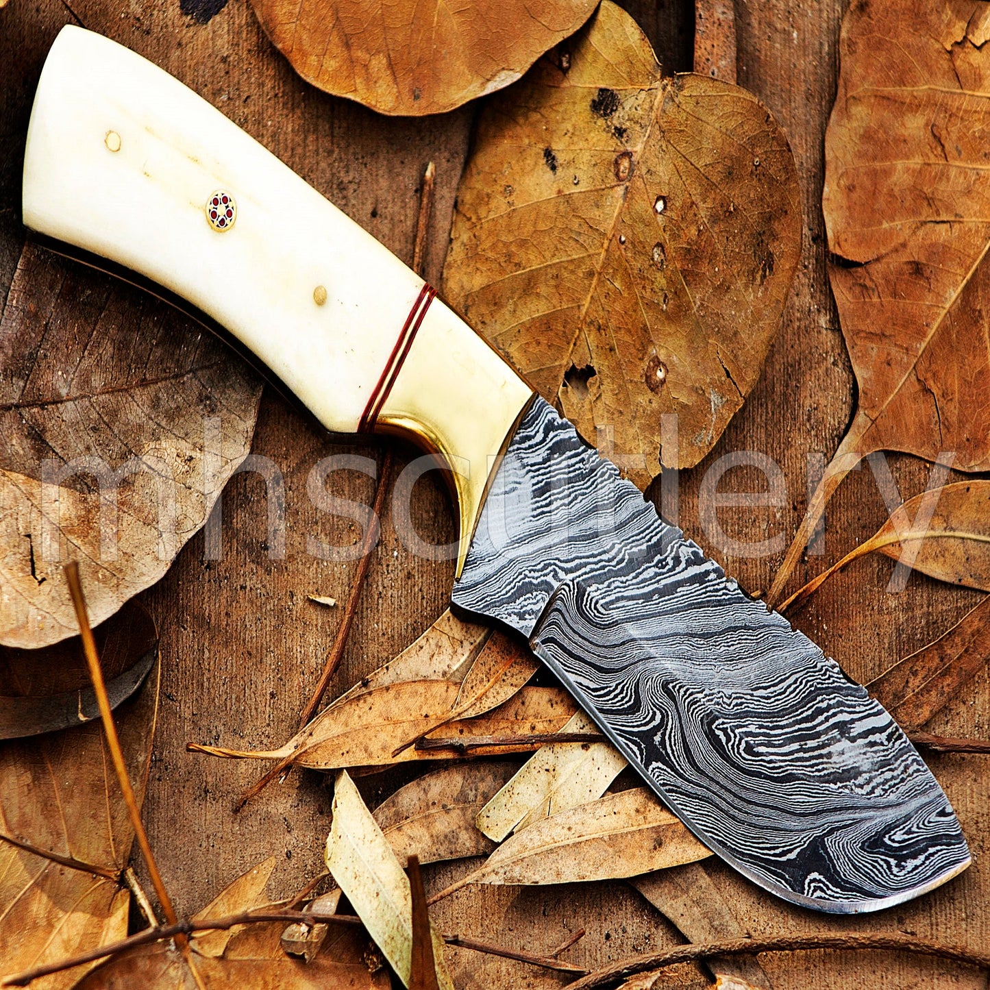 Damascus Steel Fixed Blade Skinning Knife / Bone Handle