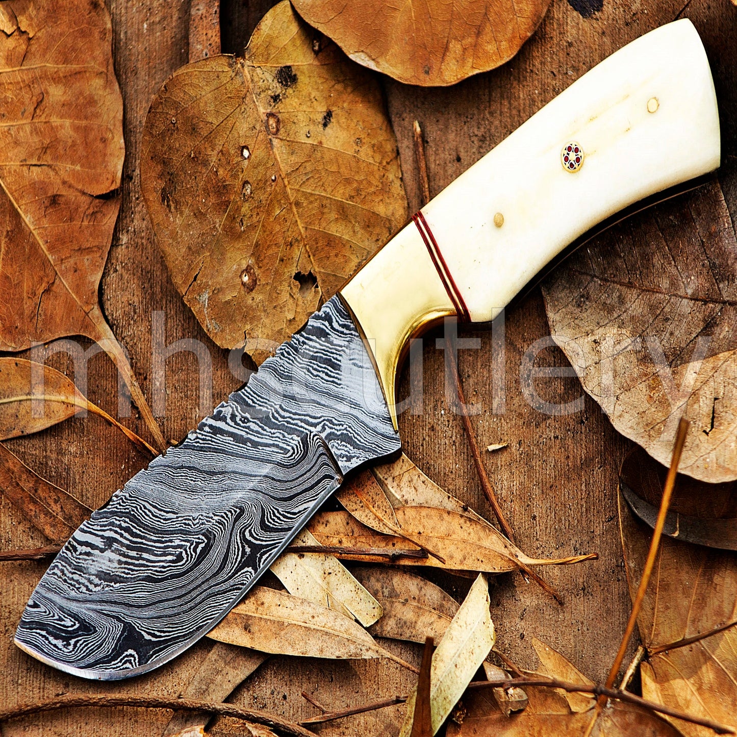 Damascus Steel Fixed Blade Skinning Knife / Bone Handle