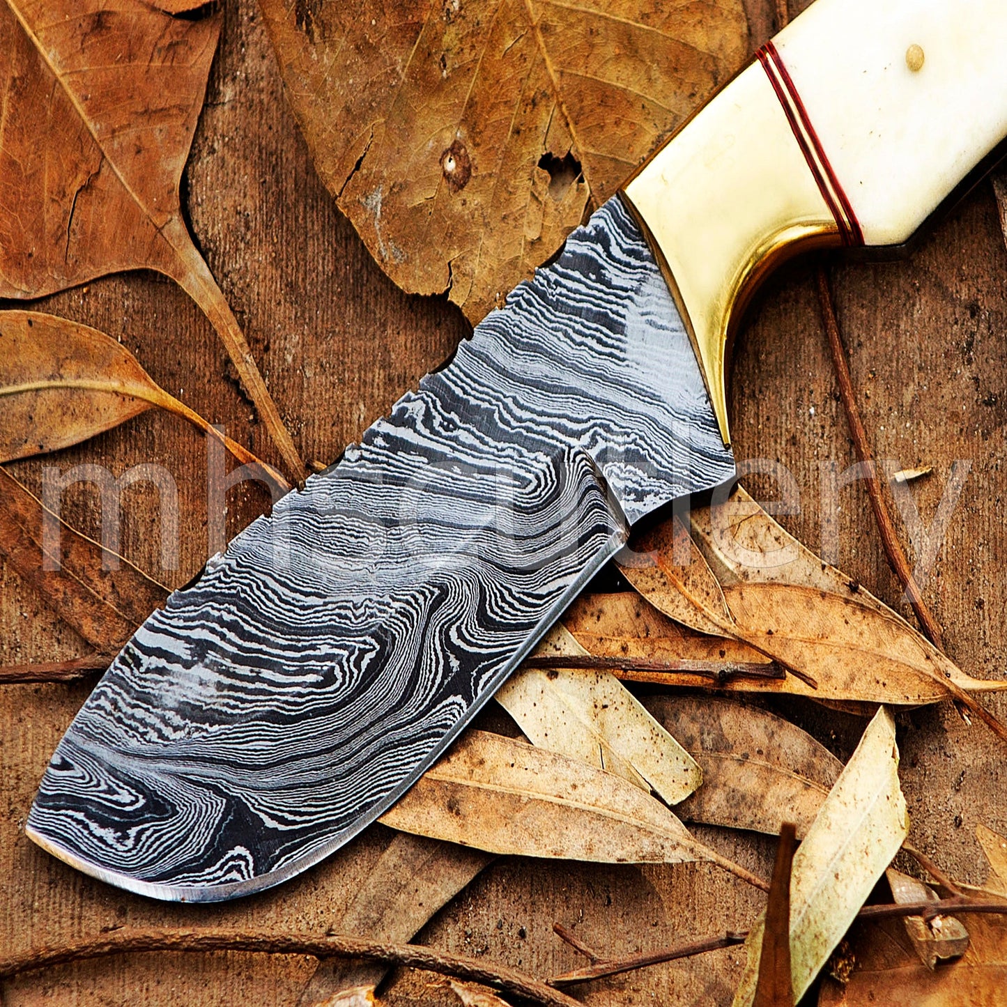 Damascus Steel Fixed Blade Skinning Knife / Bone Handle