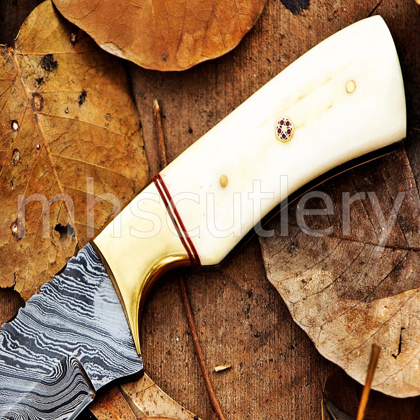 Damascus Steel Fixed Blade Skinning Knife / Bone Handle