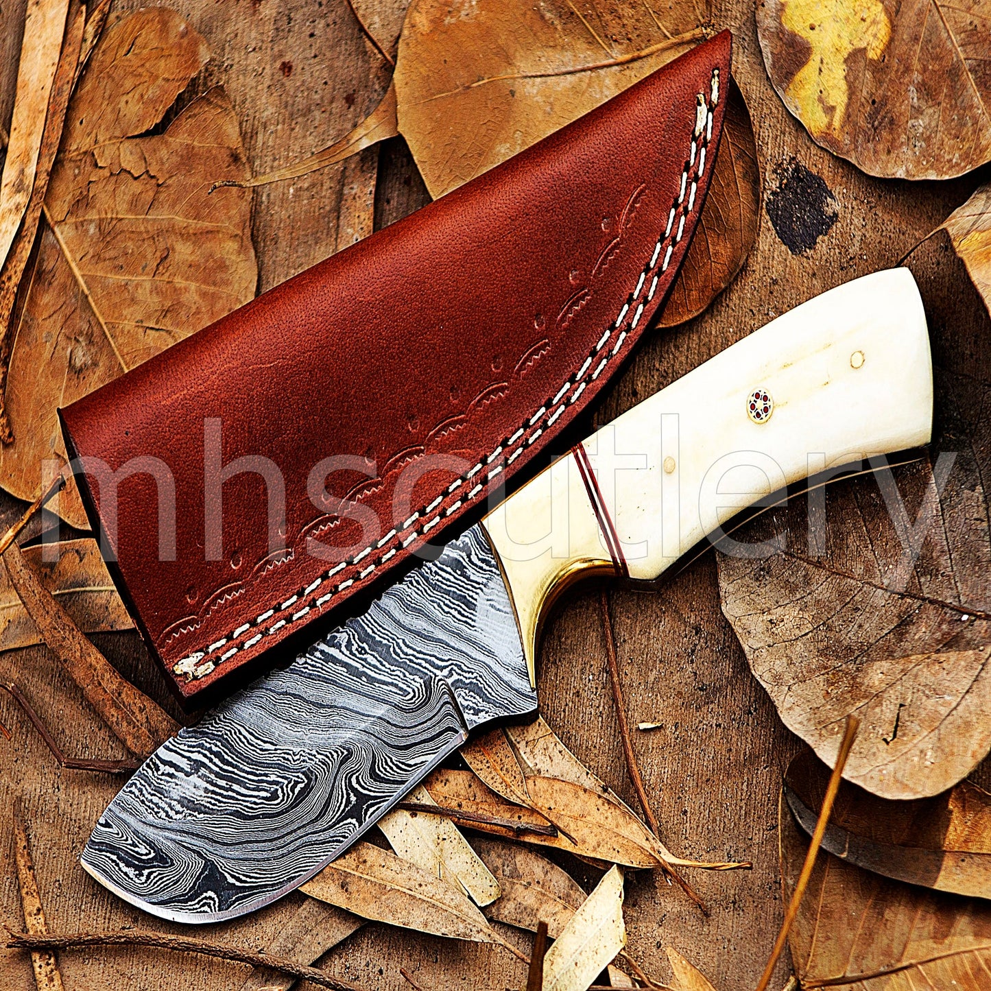 Damascus Steel Fixed Blade Skinning Knife / Bone Handle