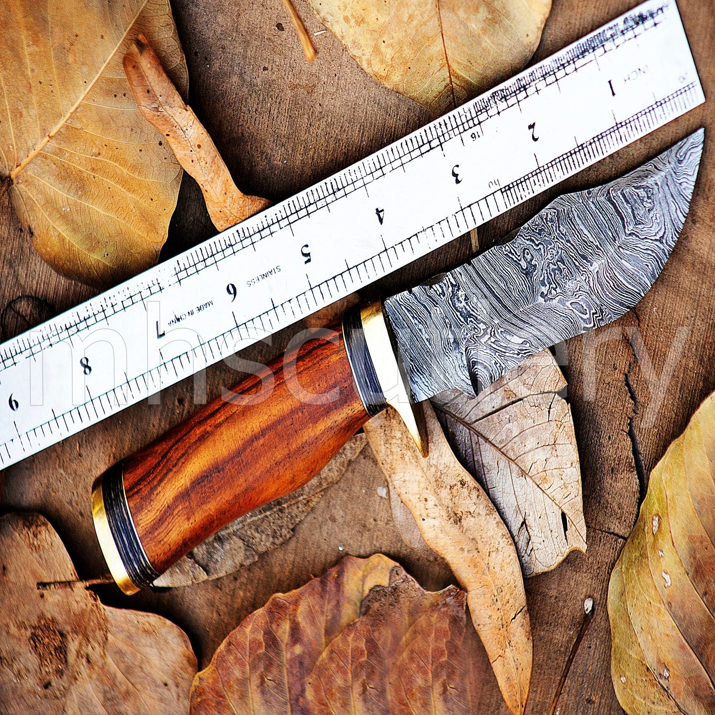 Damascus Steel Skinner Knife With Rose Wood Handle