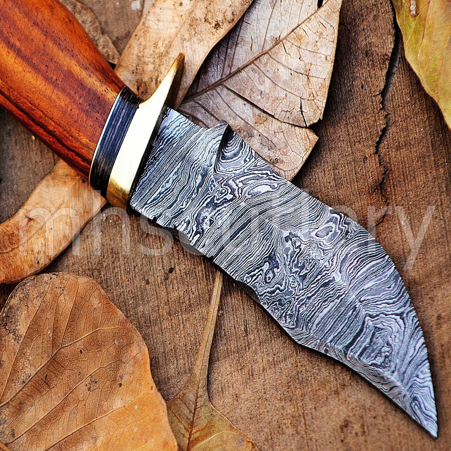 Damascus Steel Skinner Knife With Rose Wood Handle