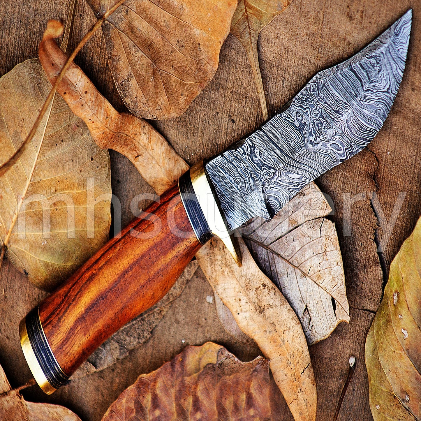 Damascus Steel Skinner Knife With Rose Wood Handle