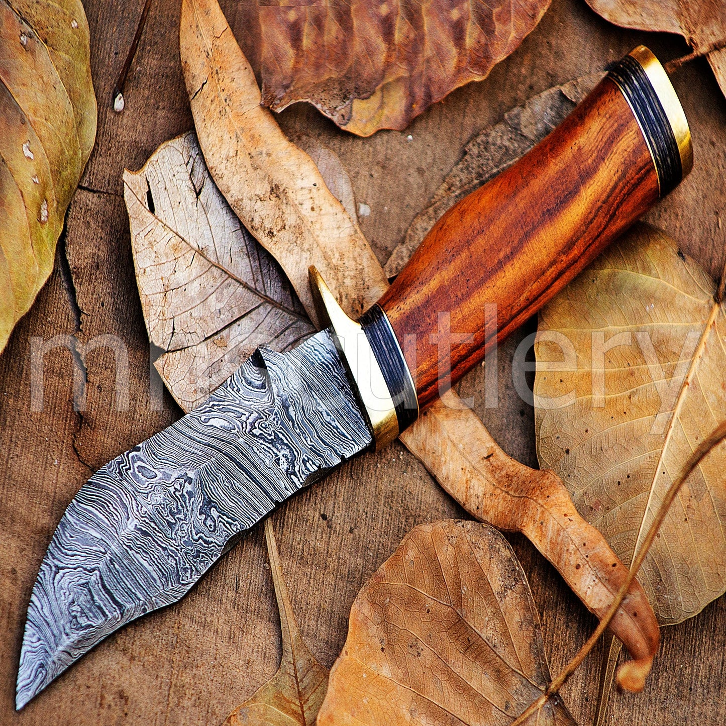 Damascus Steel Skinner Knife With Rose Wood Handle