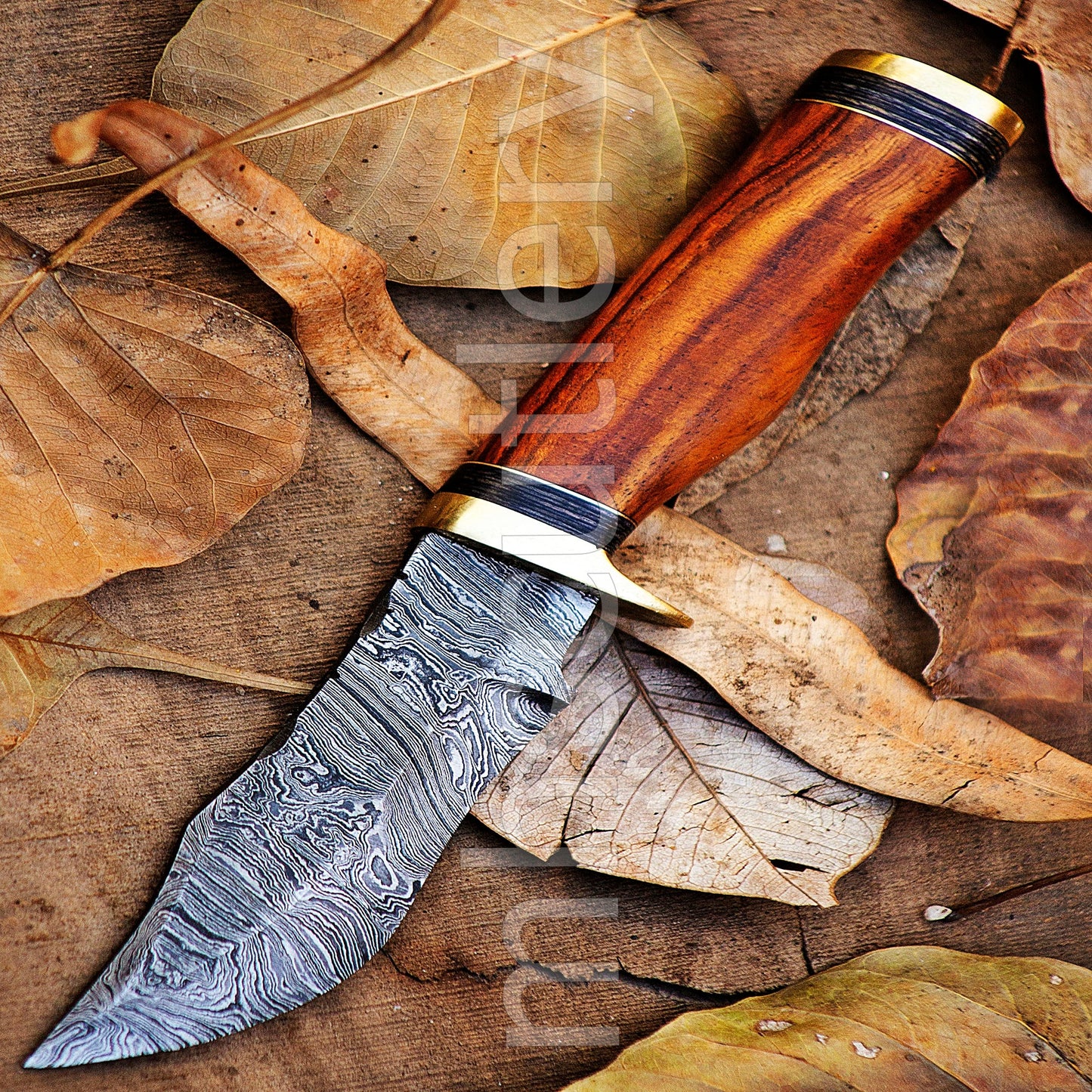 Damascus Steel Skinner Knife With Rose Wood Handle