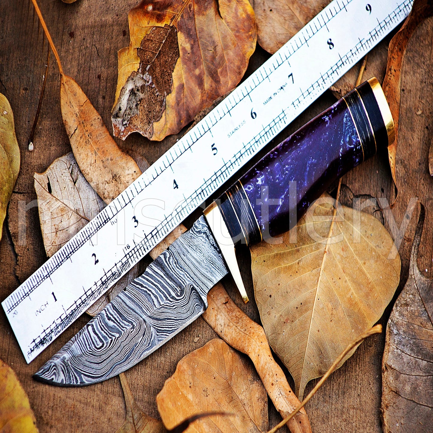 Damascus Steel Hunter Skinner Knife With Purple Resin Handle