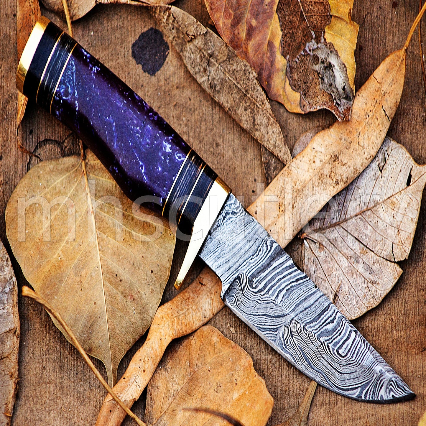 Damascus Steel Hunter Skinner Knife With Purple Resin Handle