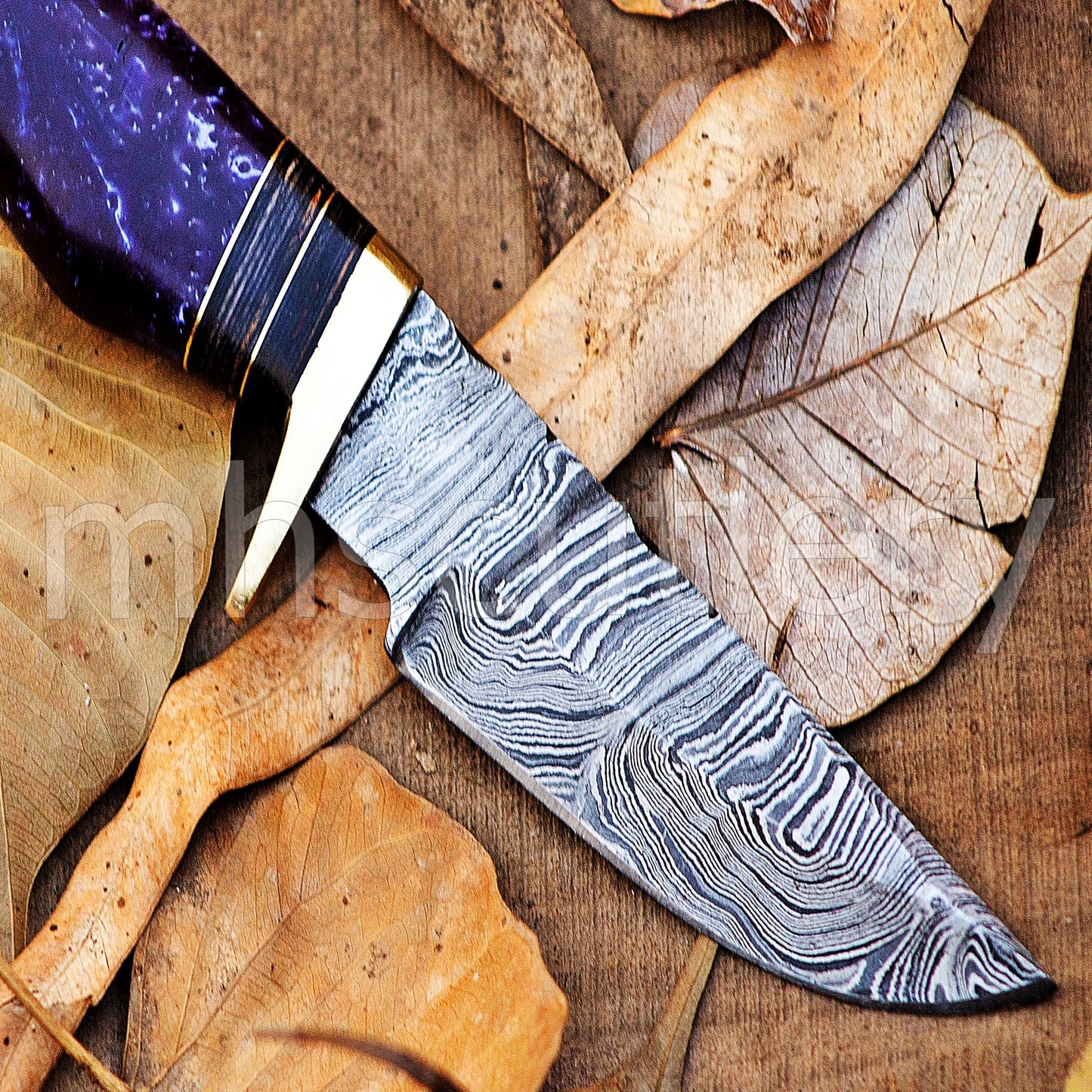 Damascus Steel Hunter Skinner Knife With Purple Resin Handle