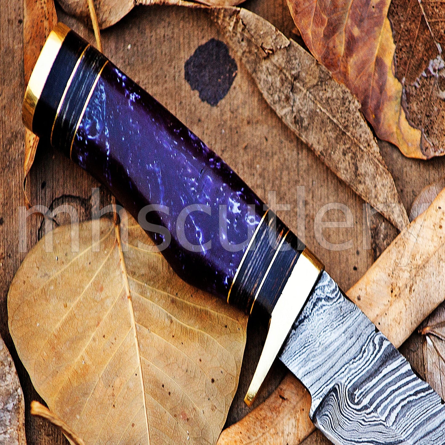 Damascus Steel Hunter Skinner Knife With Purple Resin Handle