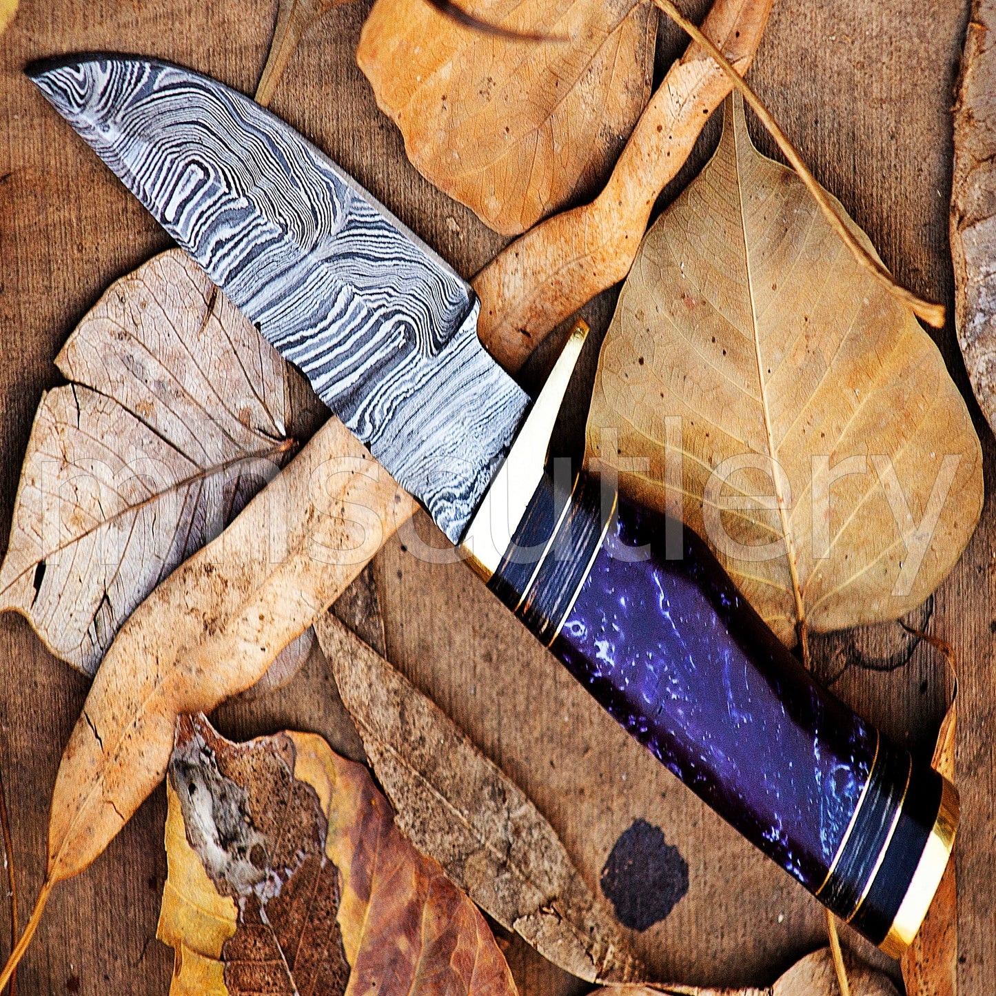 Damascus Steel Hunter Skinner Knife With Purple Resin Handle