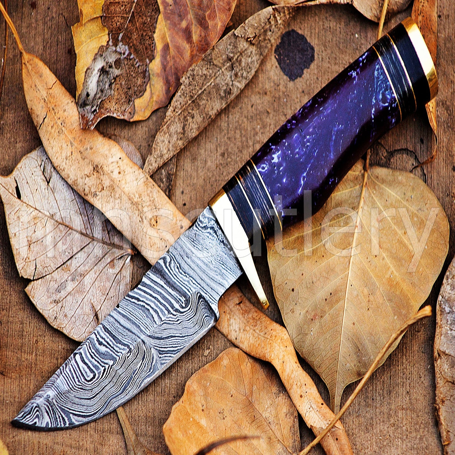 Damascus Steel Hunter Skinner Knife With Purple Resin Handle