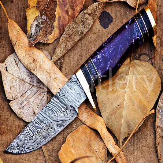 Damascus Steel Hunter Skinner Knife With Purple Resin Handle