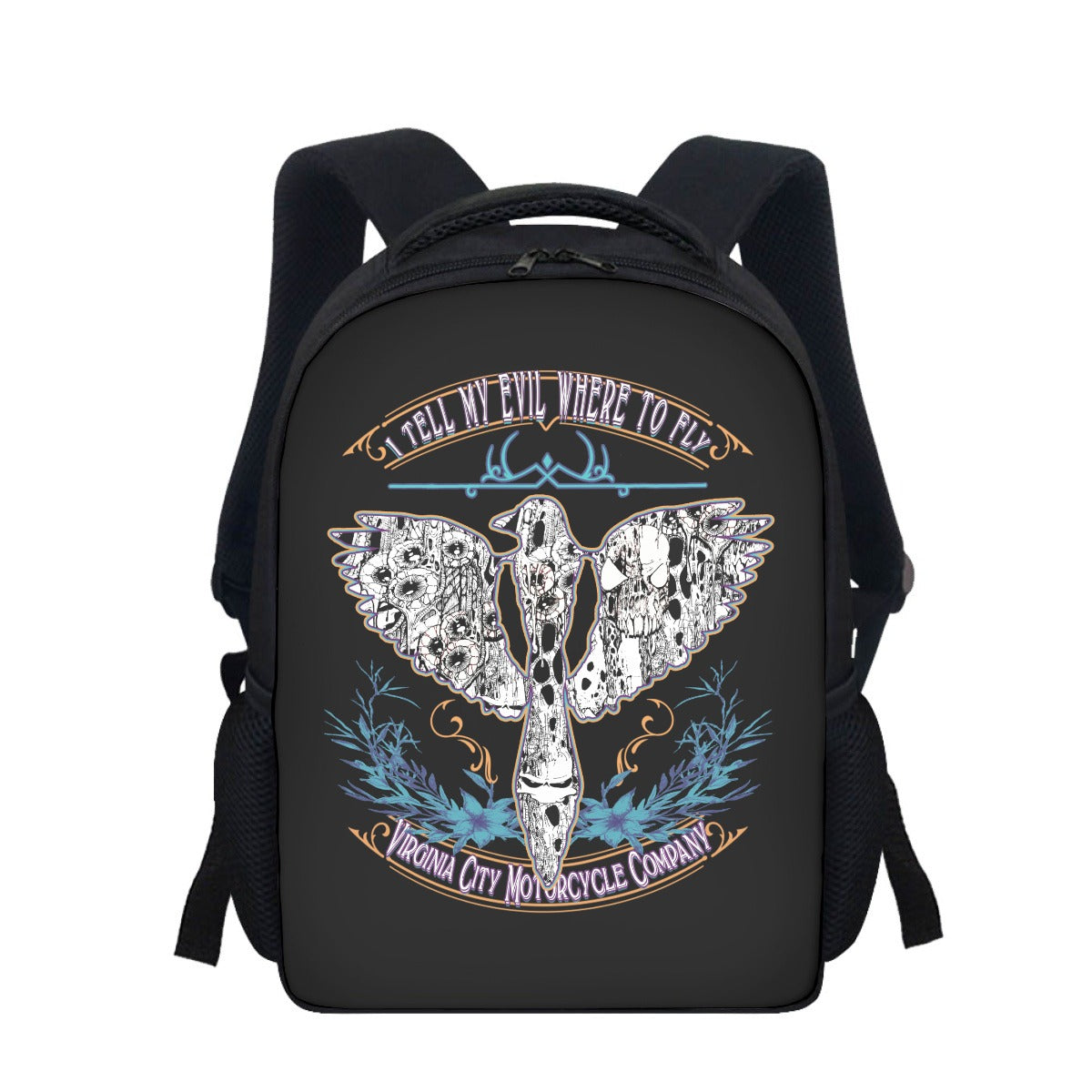 Front view of the "I Tell My Evil Where to Fly" black biker backpack featuring the VCMCo. eagle skull graphic — motorcycle lifestyle accessory by Virginia City Motorcycle Company