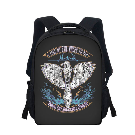Front view of the "I Tell My Evil Where to Fly" black biker backpack featuring the VCMCo. eagle skull graphic — motorcycle lifestyle accessory by Virginia City Motorcycle Company